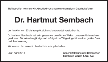 Traueranzeige von Hartmut Sembach von Pegnitz-Zeitung